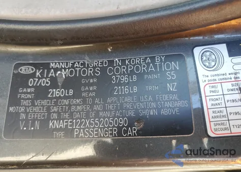 2005 Kia Spectra Lx from USA, damaged, VIN KNAFE122X55205090